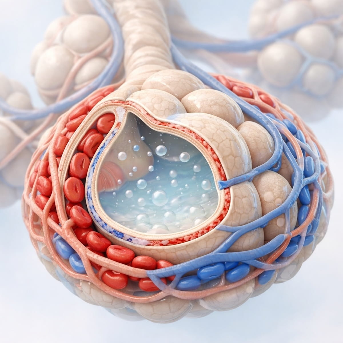Альвеолы легких и окружающая их сеть капилляров