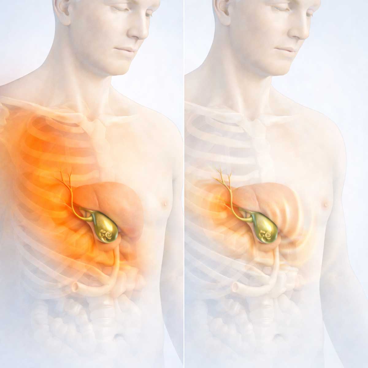 Медицинская 3D-иллюстрация различных вариантов боли при желчнокаменной болезни: типичная приступообразная и более длительная боль в области правого подреберья.