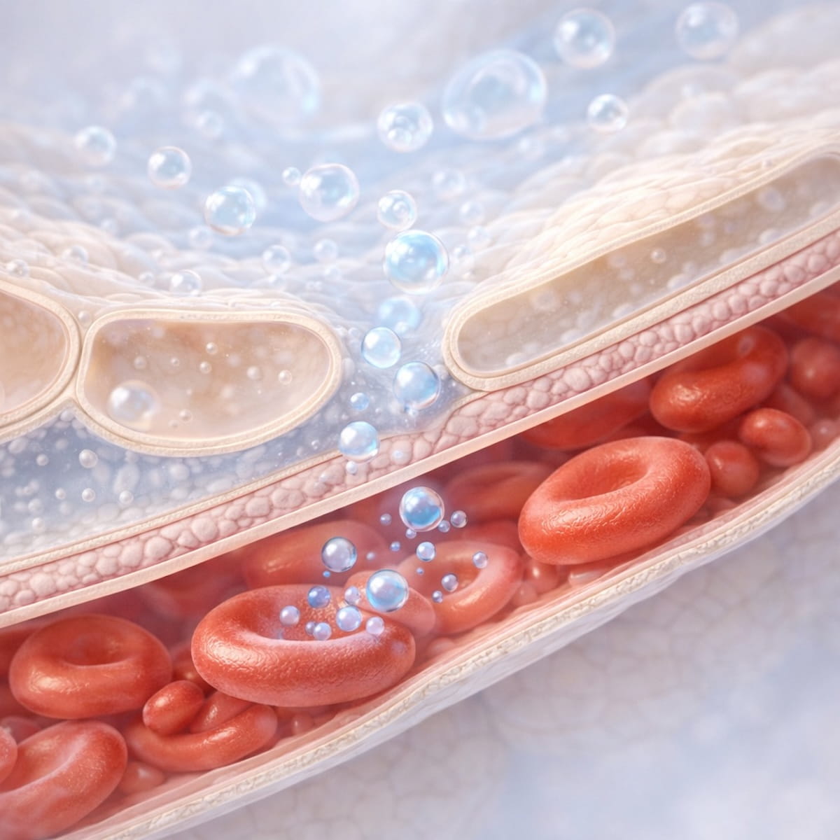 Переход кислорода из альвеолы в капилляр через мембрану