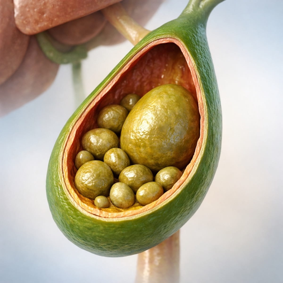 Желчный пузырь в разрезе с несколькими камнями разного размера