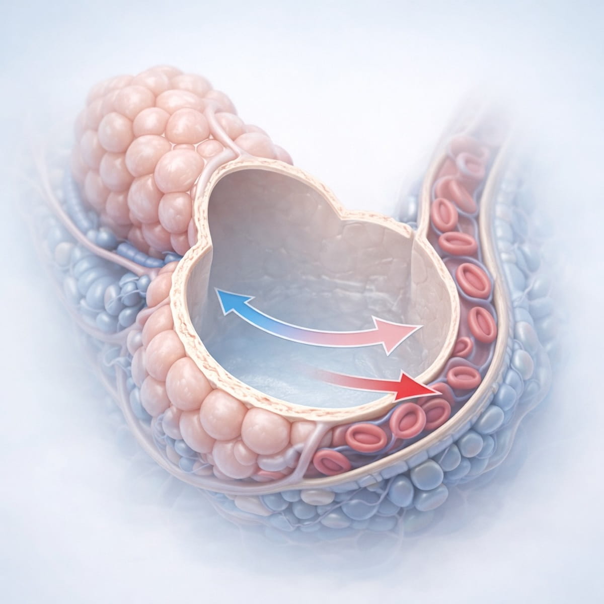 Газообмен в альвеолах легких между воздухом и кровью