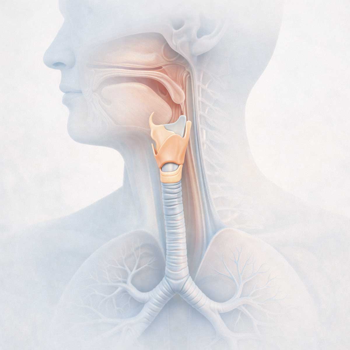 Медицинская 3D-иллюстрация гортани человека в составе дыхательной системы: глотка, гортань и начало трахеи показаны схематично