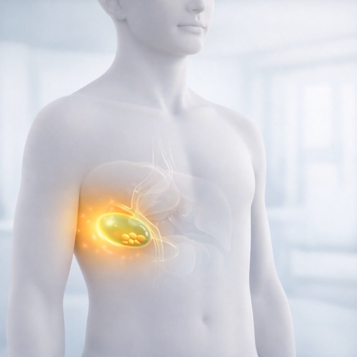 3D-иллюстрация желчной колики: мягкий акцент на правое подреберье и желчные протоки