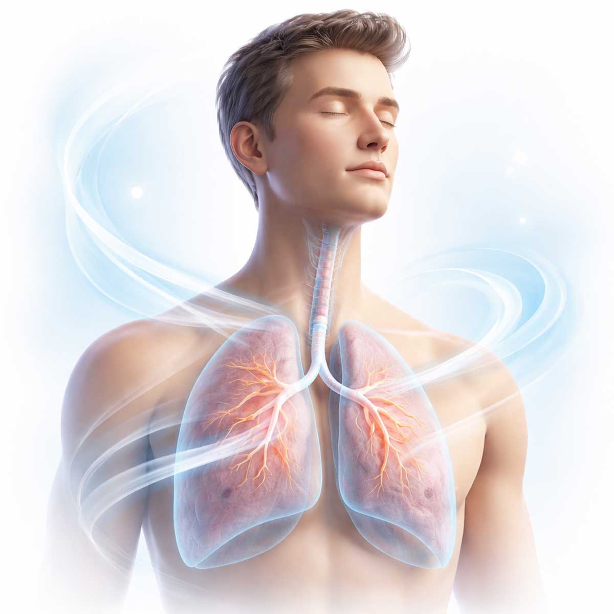Человек с прозрачными легкими и визуализацией дыхательного потока, образовательная иллюстрация о признаках нарушения дыхания.