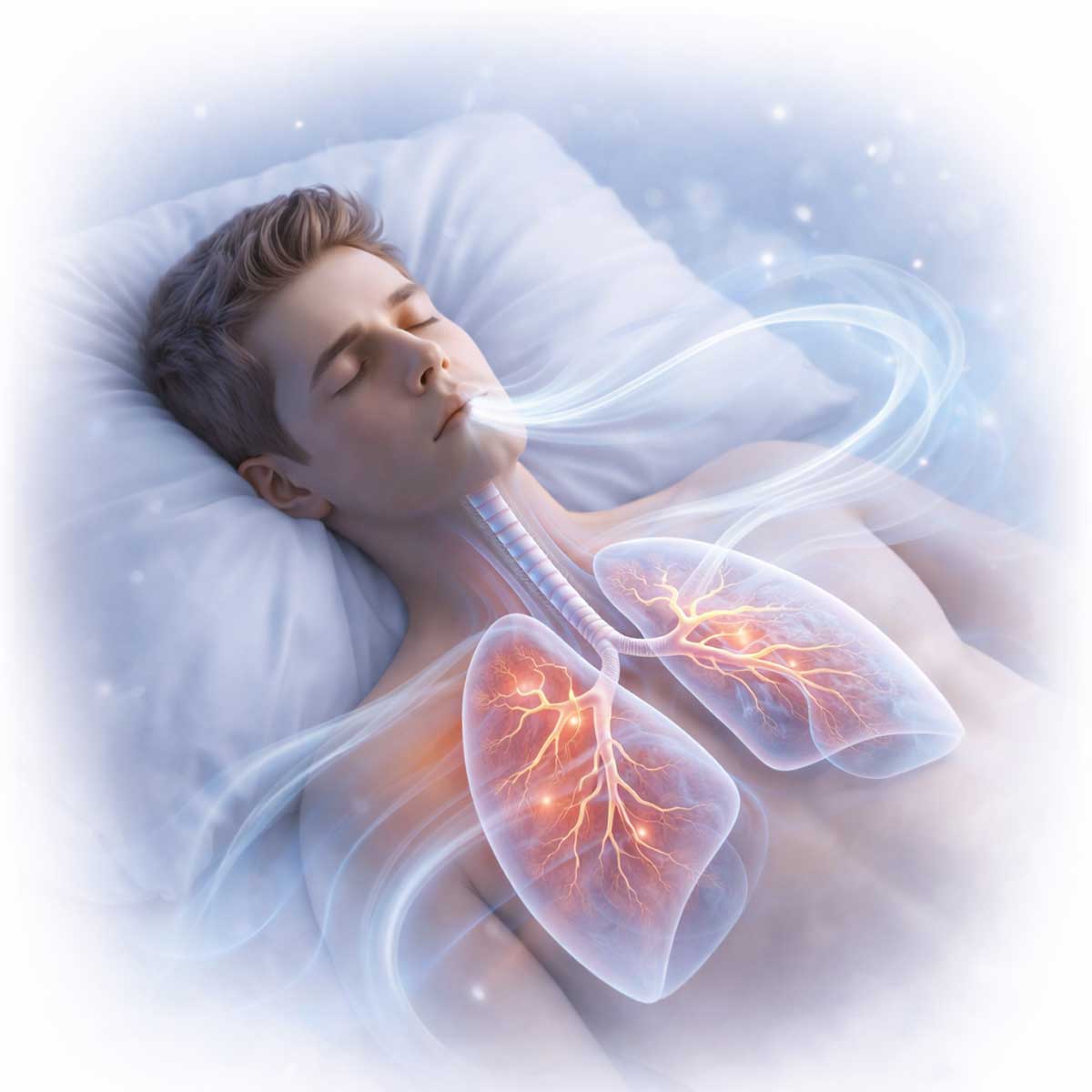 Человек во сне с визуализацией дыхательного ритма, образовательная иллюстрация о нарушении дыхания ночью.