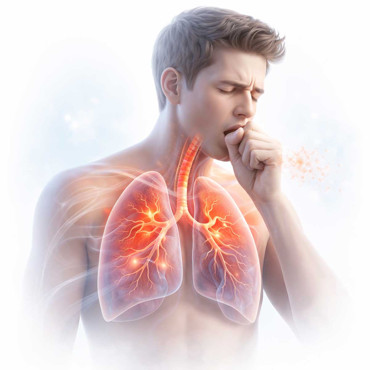 Человек с прозрачными легкими и дыхательными путями, визуализация кашля и раздражения дыхательных путей, образовательный стиль.