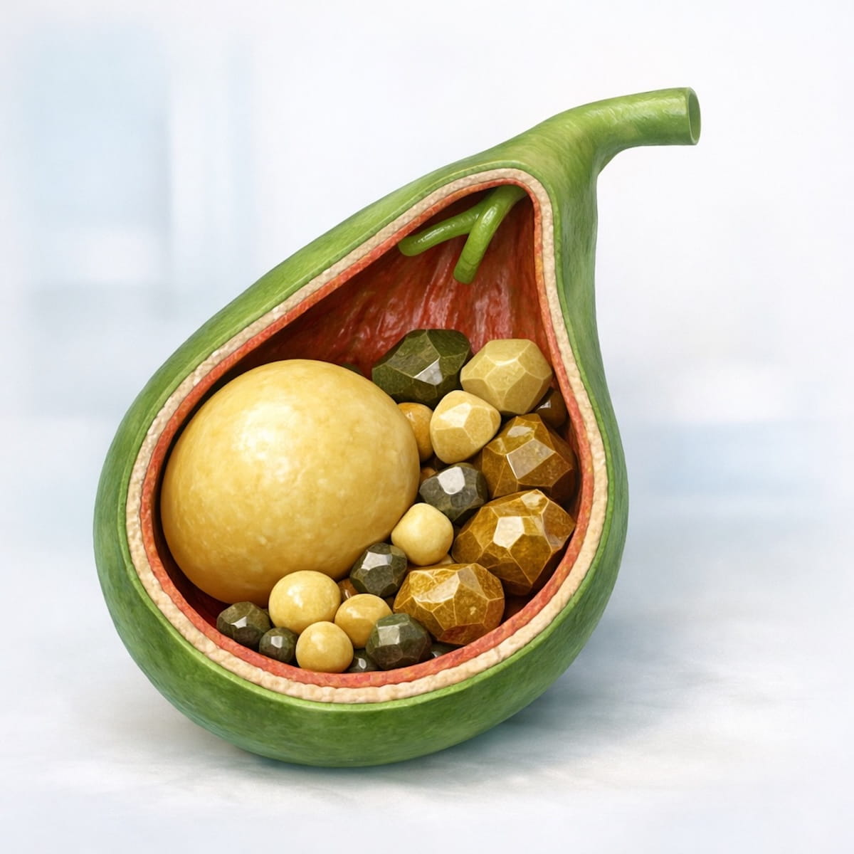 Камни в желчном пузыре разного размера и формы — медицинская иллюстрация