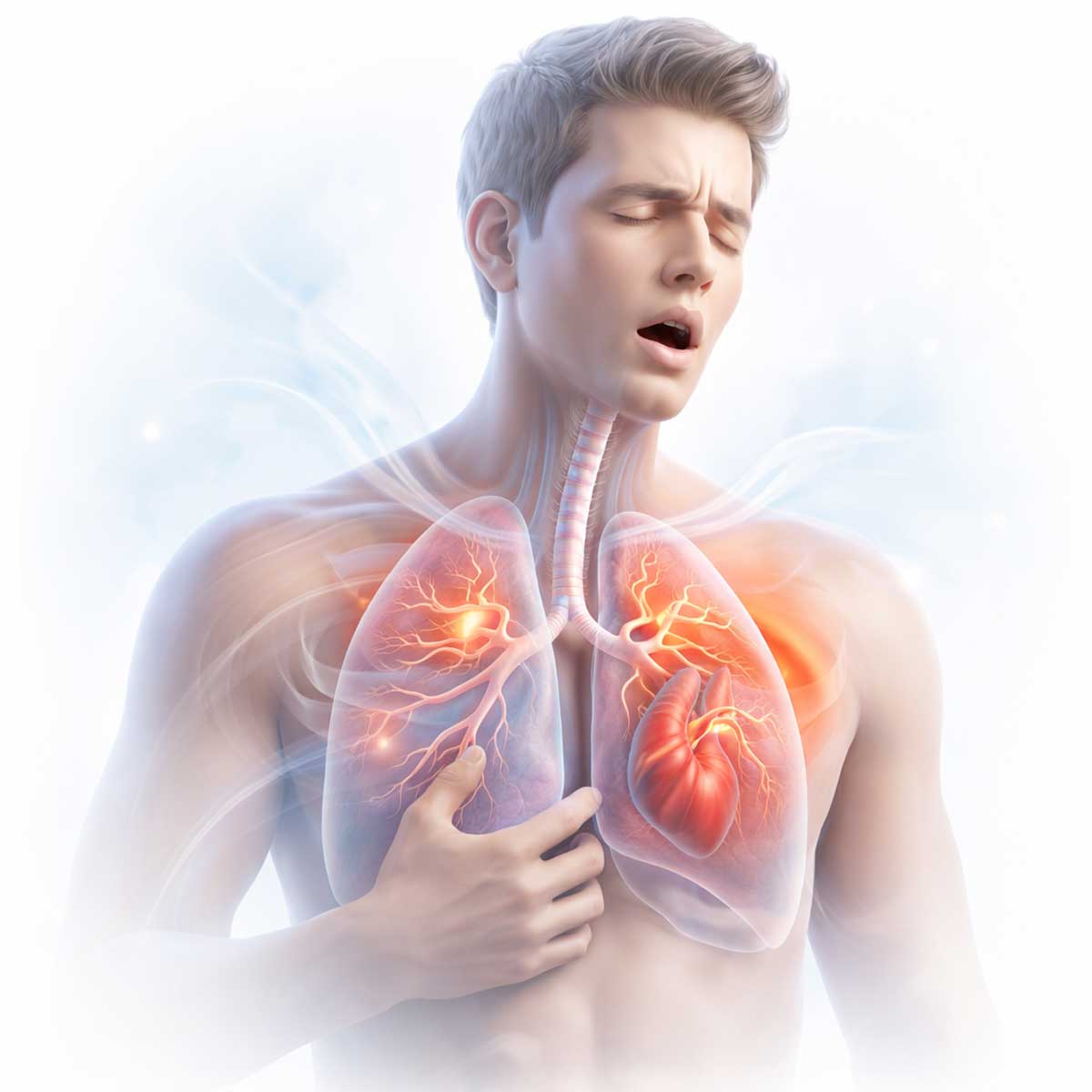 Визуализация дыхательной системы с акцентом на одышку, образовательный и безопасный стиль.