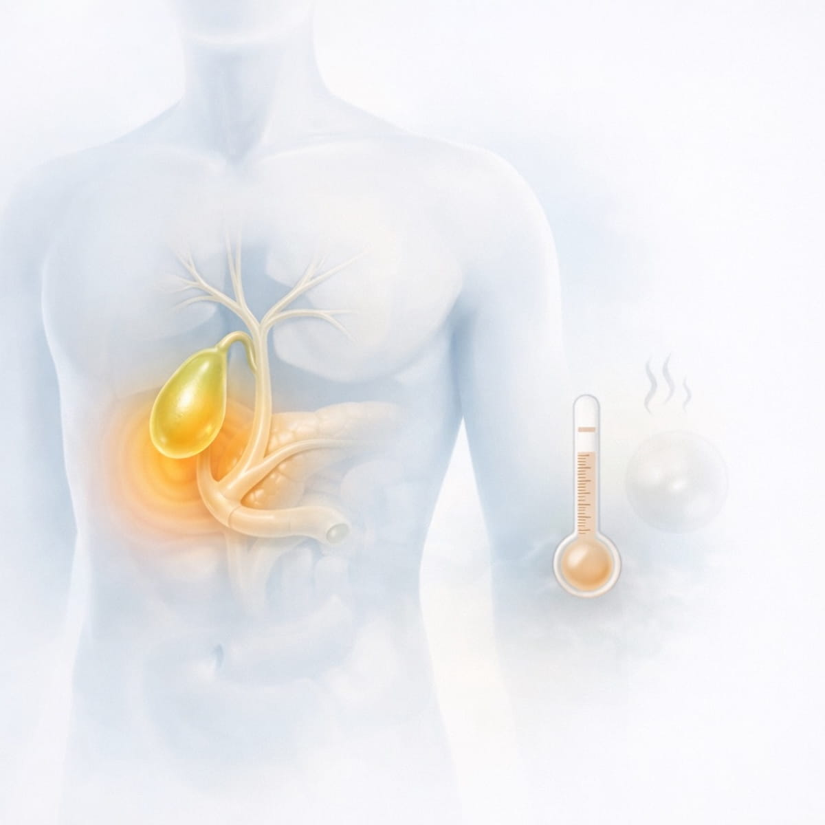 Тревожные симптомы при желчнокаменной болезни с акцентом на область правого подреберья, медицинская 3D-иллюстрация