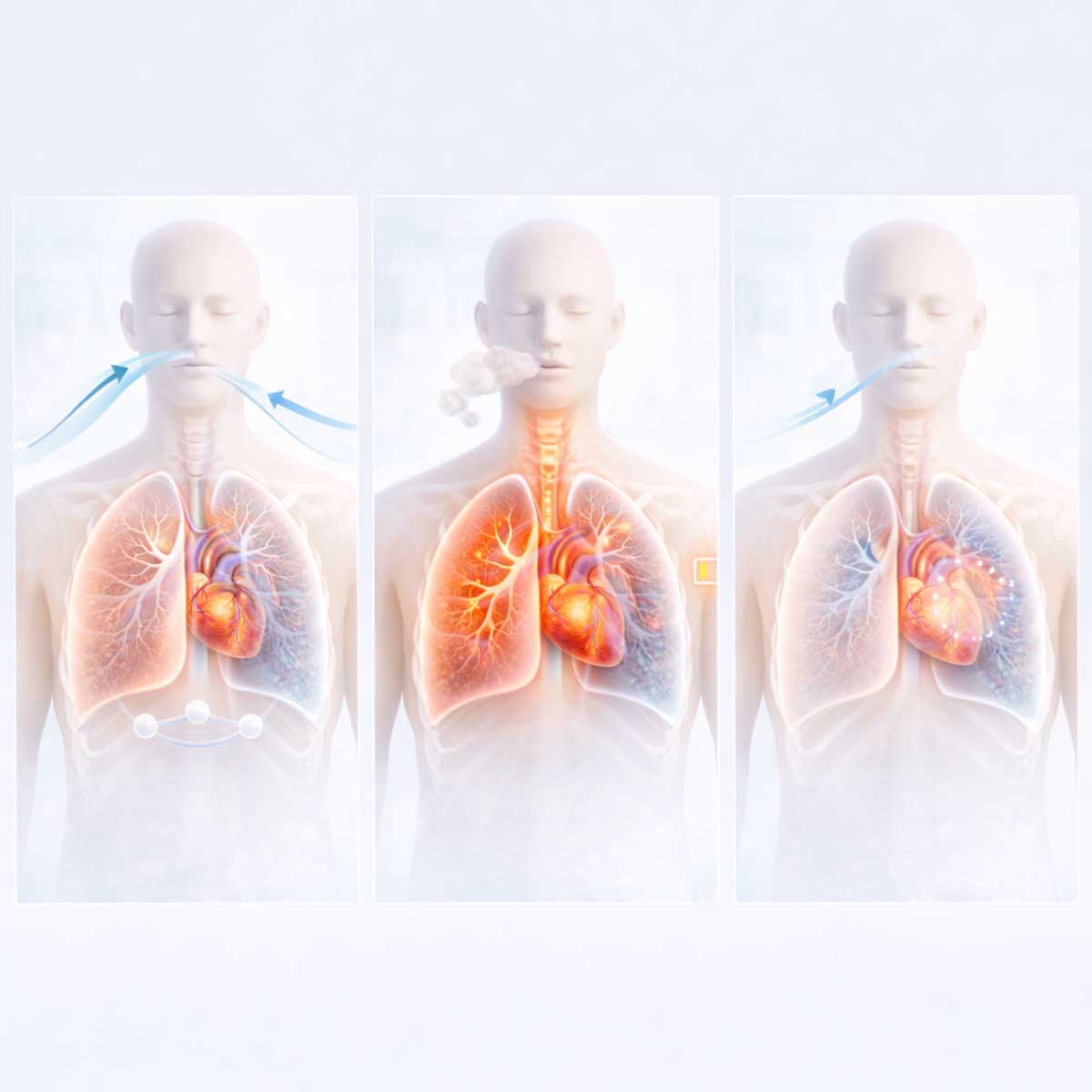 Иллюстрация нескольких силуэтов человека с разными аспектами дыхания, образовательный стиль для серии мини-гайдов.