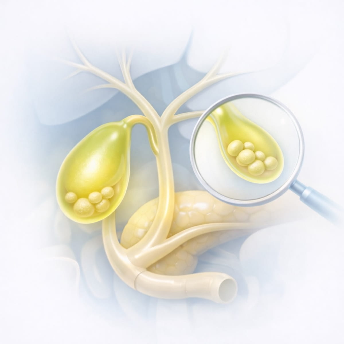 Желчный пузырь с небольшими камнями в стабильной фазе наблюдения, медицинская 3D-иллюстрация