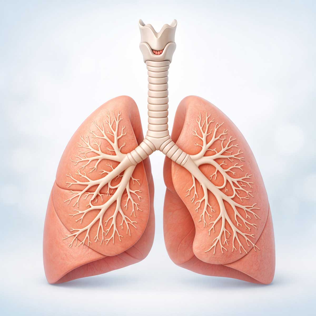 Схематичное строение нижних дыхательных путей человека: трахея, бронхи и легкие