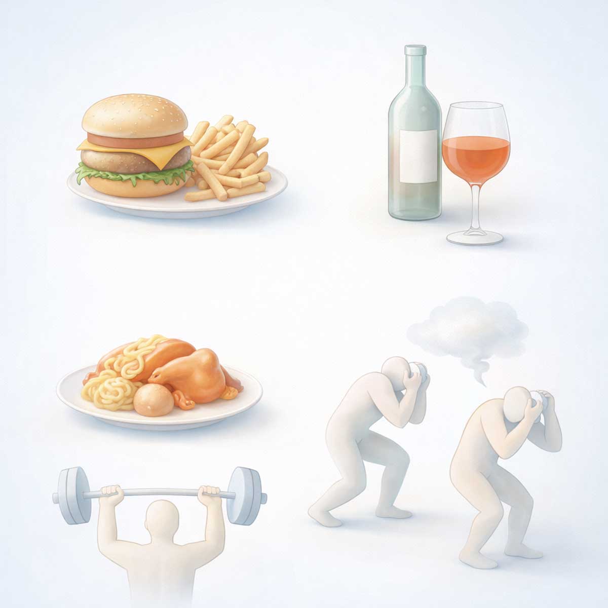 Медицинская 3D-инфографика факторов, которые могут спровоцировать приступ печеночной колики: питание, нагрузка и стресс.