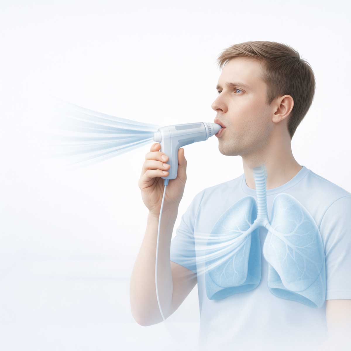 3D-иллюстрация: измерение пиковой скорости выдоха с помощью пикфлоуметра, поток воздуха обозначен условно.