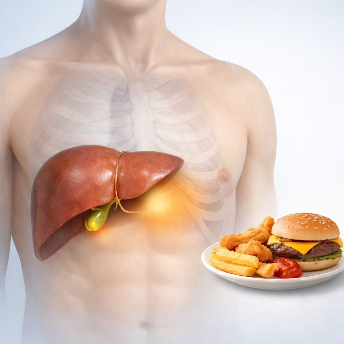 Боль после жирной пищи при желчнокаменной болезни, сокращение желчного пузыря под печенью, медицинская 3D-иллюстрация