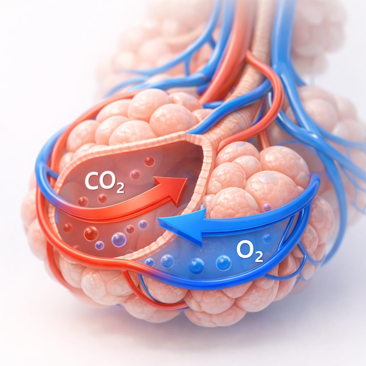Газообмен в альвеолах: кислород поступает в кровь, углекислый газ выводится