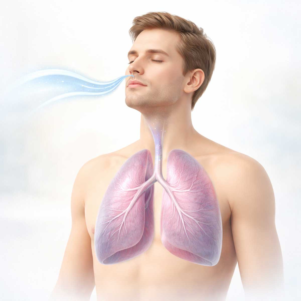 3D-иллюстрация человека в спокойной позе с полупрозрачными легкими и визуализацией нормального дыхательного потока, образовательный стиль.