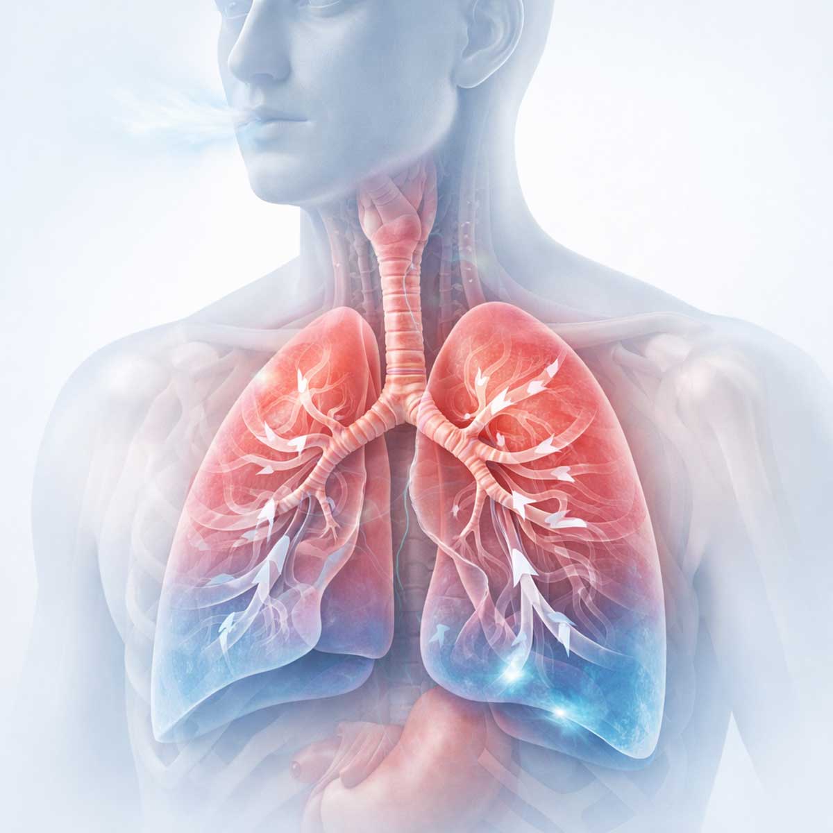 3D-иллюстрация дыхательной системы человека при сниженной сатурации, легкие с визуальными линиями затрудненного вдоха, мягкие цветовые акценты на проблемные зоны.
