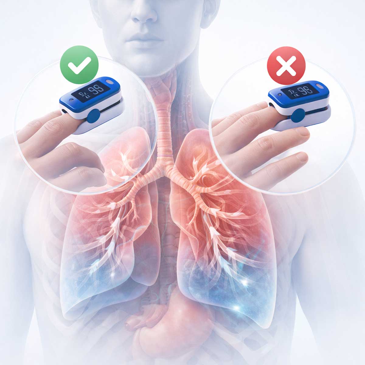 3D-иллюстрация человека с пульсоксиметром на пальце, показ правильного и неправильного положения прибора, полупрозрачные легкие, образовательный стиль.