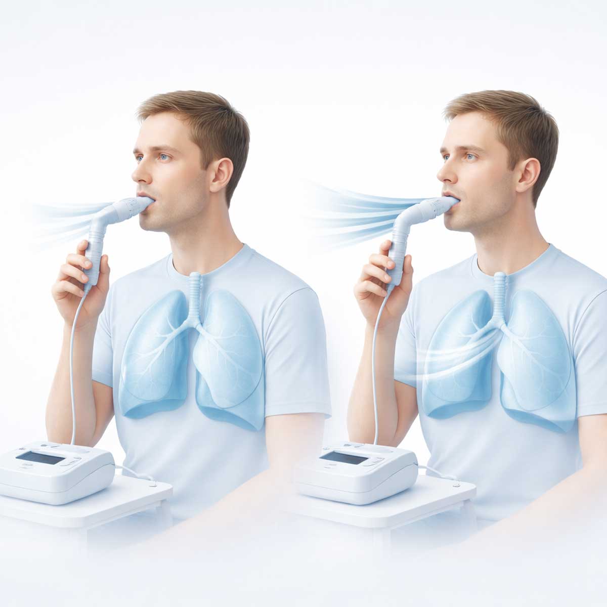 3D-иллюстрация спирометрии: пациент дышит через мундштук, легкие показаны полупрозрачно.