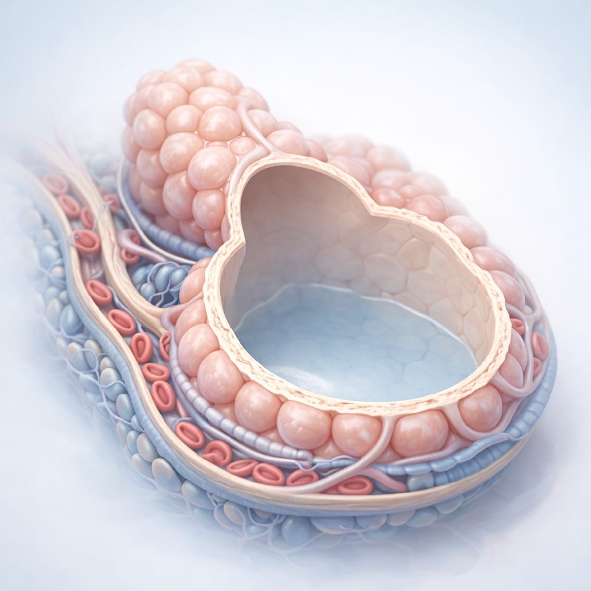 Строение альвеолы легких с окружающей сетью капилляров