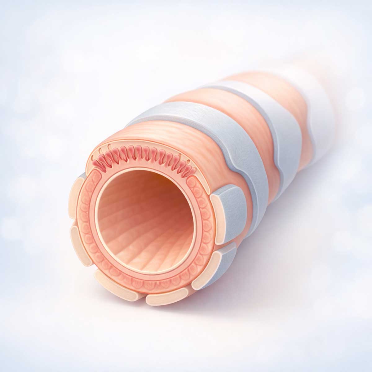 Схематичное строение стенки бронха: слизистая оболочка, мышечный слой и хрящ