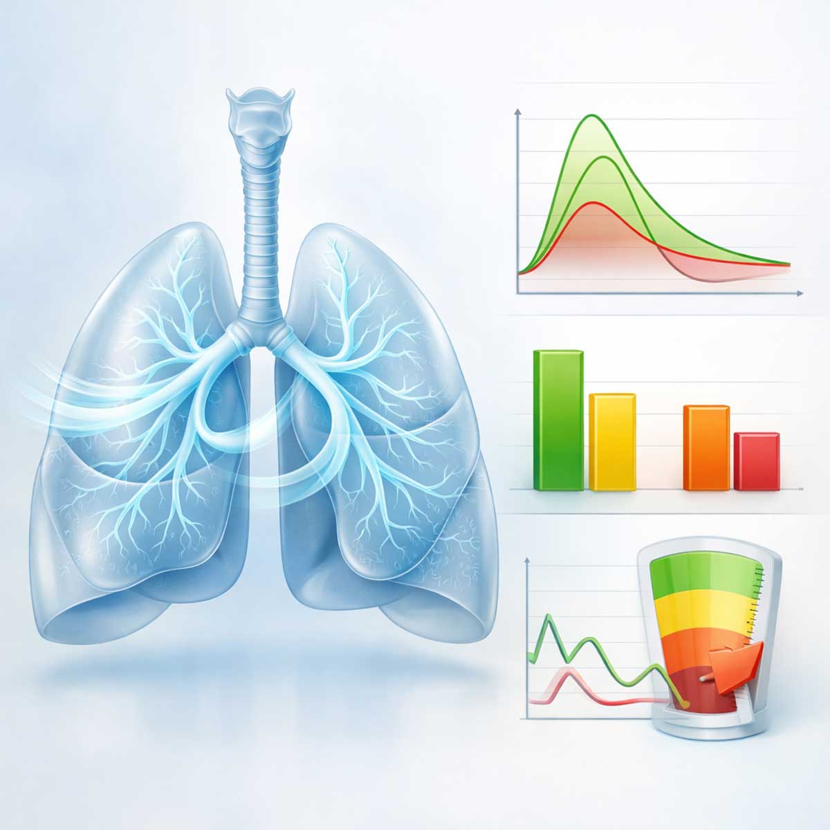 3D-медицинская иллюстрация ребенка с полупрозрачными легкими, рядом графики и таблицы FEV1, FVC и ПСВ, показывающие нормальные показатели и отклонения по возрасту и росту.
