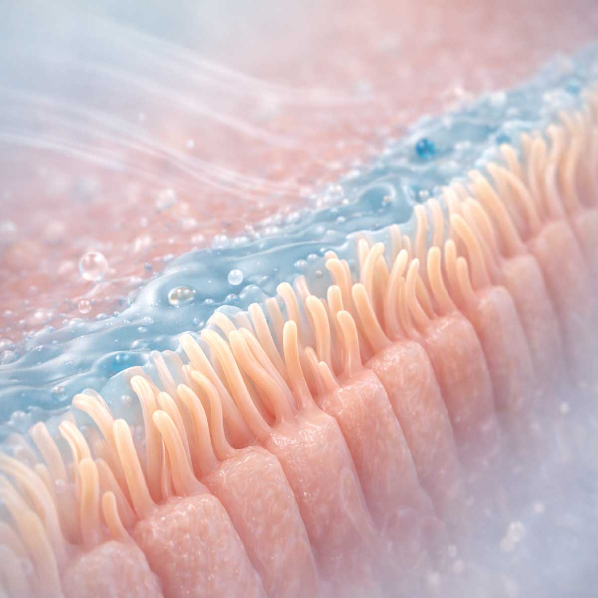 Слизистая оболочка трахеи с реснитчатым эпителием и слоем слизи.