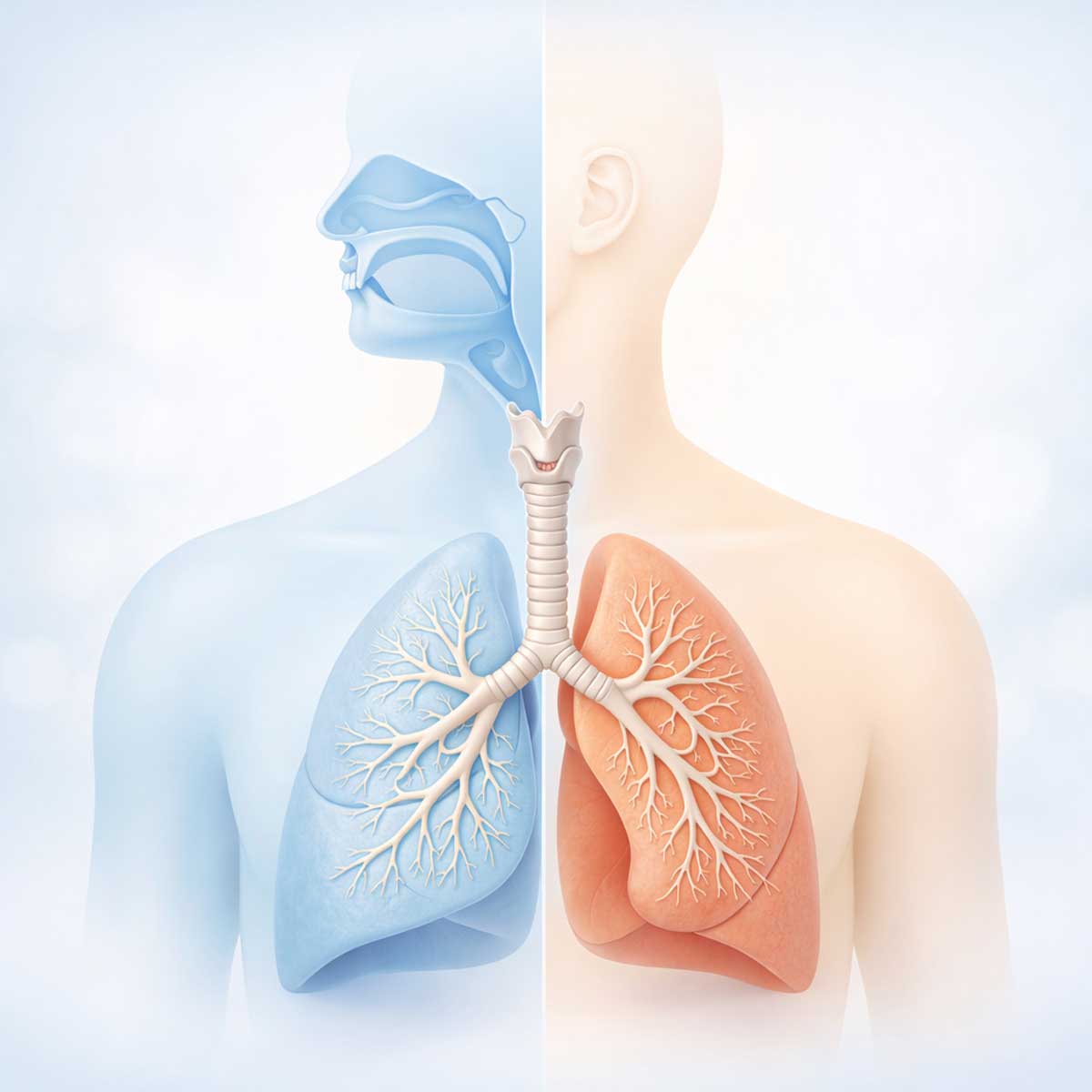 Сравнение верхних и нижних дыхательных путей человека в составе дыхательной системы
